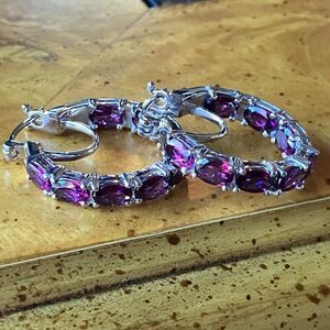 Natural Rhodolite Garnet Sterling Silver Hoop Earrings
